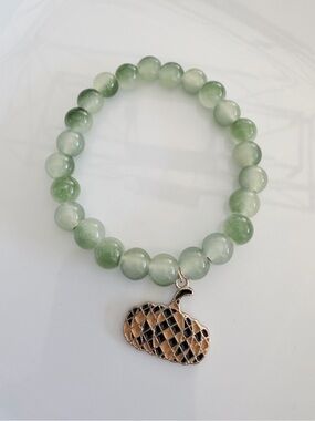 Fall Green Beaded Bracelet with Pumpkin Charm Handmade Novelty Jewelry